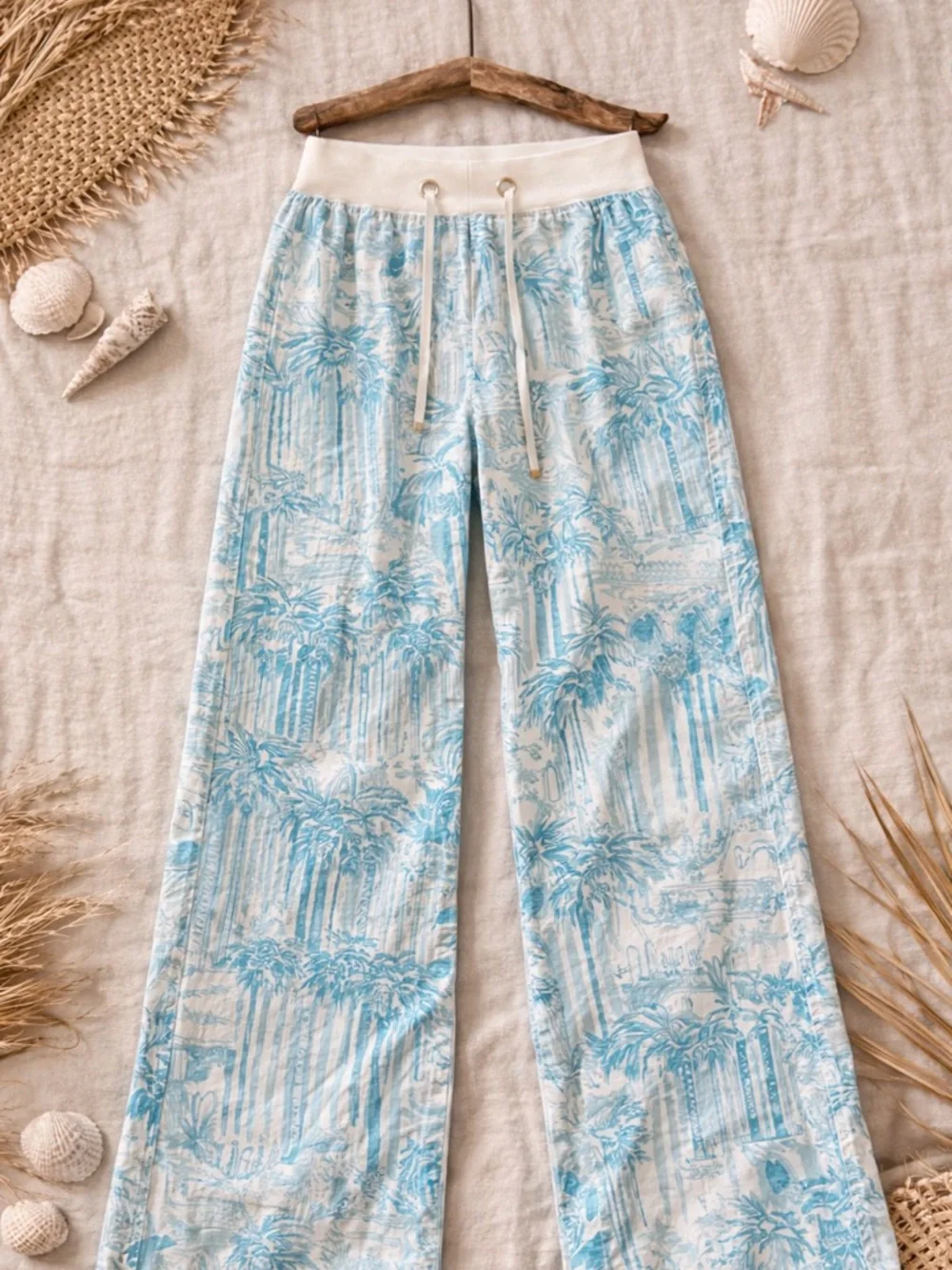 Lilly Pulitzer Beach Pants Small 33” Inseam Blue White palm Print Linen Sz Small - Picture 11 of 14